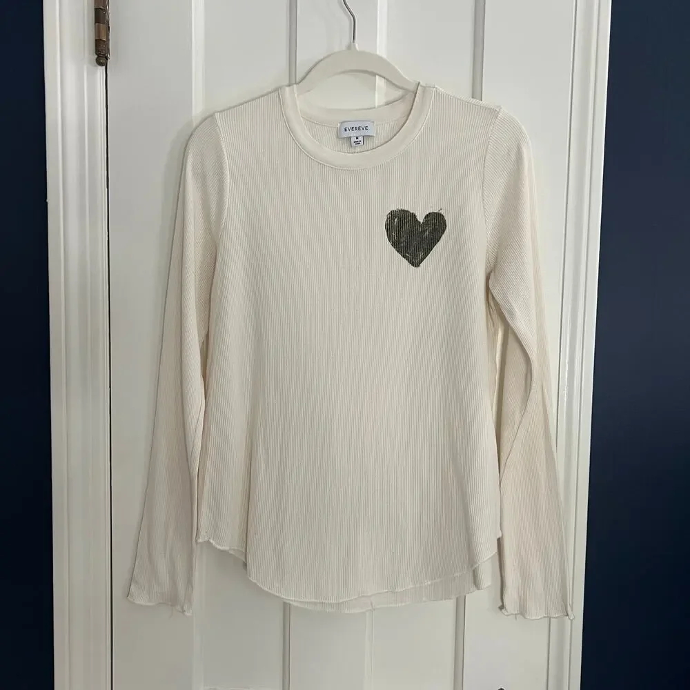 ♥️ Evereve Cream Au Lait Thermal Long Sleeve Valentines Heart Top Women Size M - Picture 3 of 6